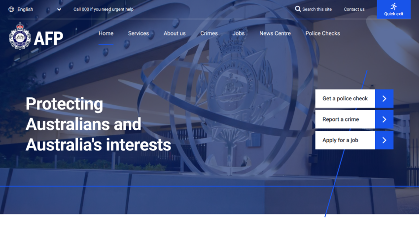Homepage of AFP with a focus on protecting Australians' interests and three action buttons.