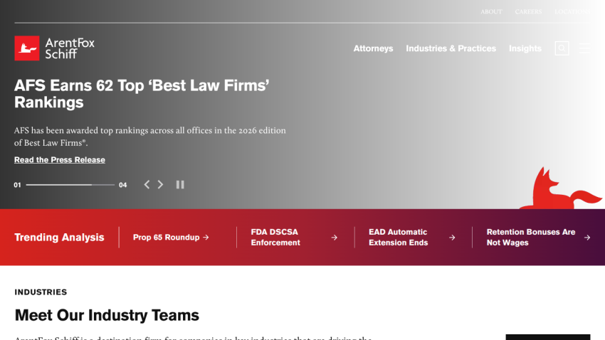 Law firm homepage highlighting top 20 'Best Law Firms' ranking and industry teams overview