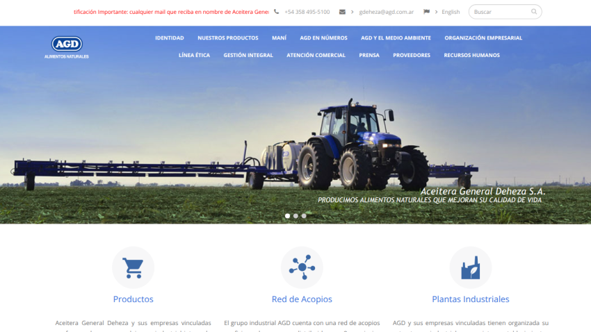 Aceitera General Deheza S.A. website with navigation menu and hero image of agricultural machinery in a field