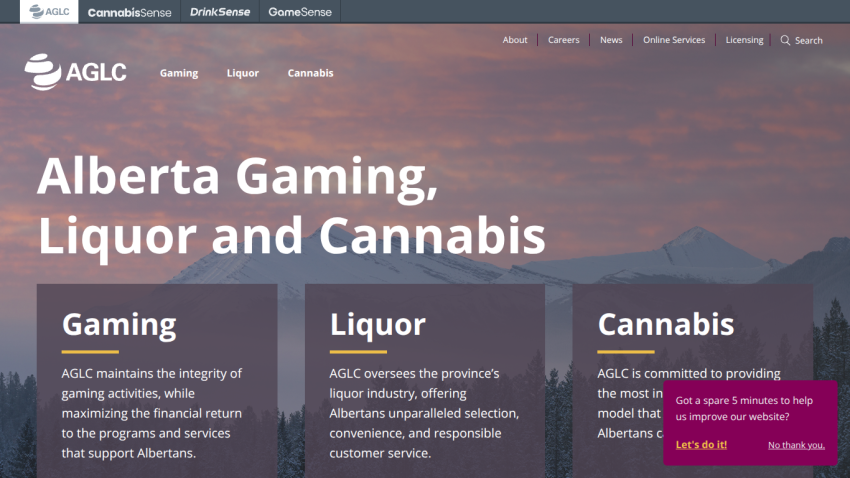 Homepage of Alberta Gaming, Liquor and Cannabis with navigation and three main sections: Gaming, Liquor, Cannabis