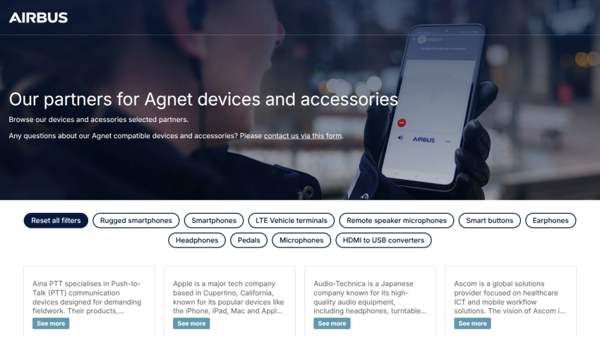 Airbus partners page for Agnet devices and accessories with product categories and partner descriptions