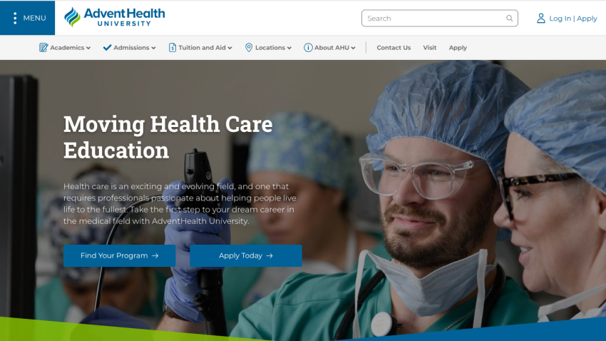 Healthcare professionals in surgical attire with headline about moving health care education and call-to-action buttons