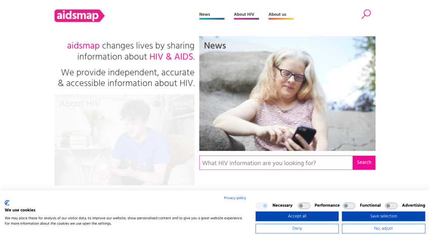 Homepage of aidsmap featuring a woman reading, with a search bar for HIV information.