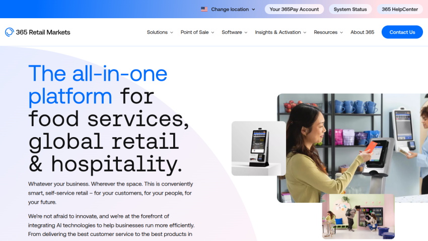 Homepage of 365 Retail Markets showcasing an all-in-one platform for food services, retail, and hospitality with images of self-service kiosks.