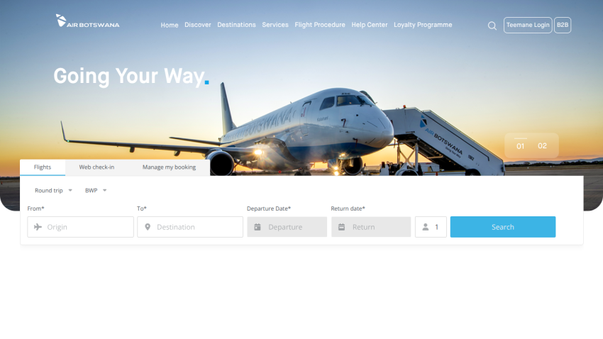 Air Botswana homepage with a plane on runway, slogan Going Your Way, and flight booking form