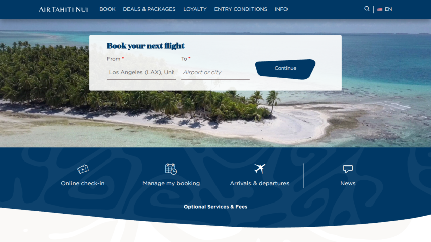 Flight booking section with departure city and search button on a tropical background.