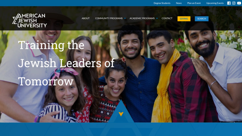 American Jewish University homepage with navigation and headline Training the Jewish Leaders of Tomorrow over group photo of smiling young adults.