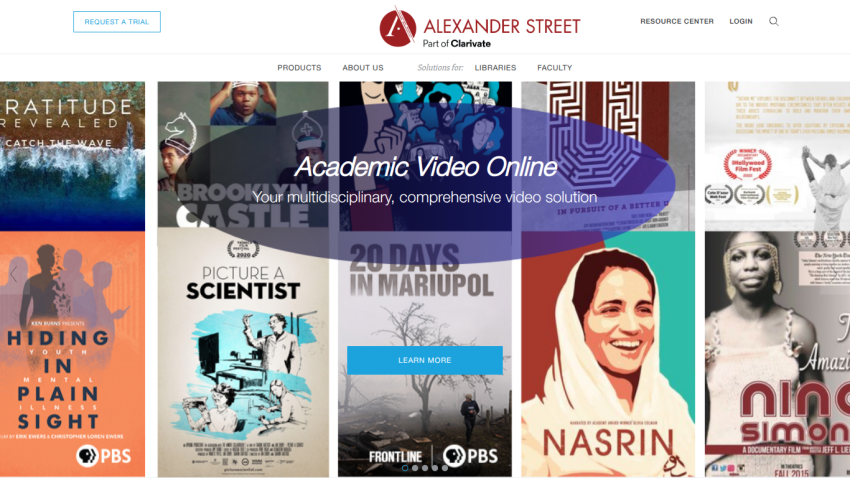 Homepage of Alexander Street featuring various academic video titles and a search bar.