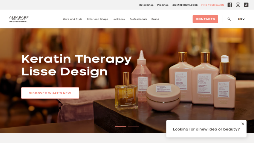 Homepage featuring Keratin Therapy Lisse Design hair care products with navigation menu and contact button