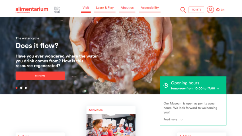 Alimentarium website with navigation menu and hero section promoting 'Open kitchen' animation with chef expertise and museum opening hours