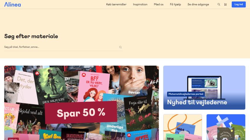 Alinea website with navigation links, a search bar for materials, and promotional images including a 50% discount offer and a portal update for math guides