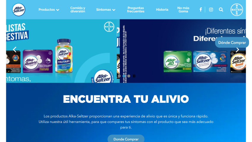 Alka-Seltzer homepage with navigation menu and hero section showcasing different products for symptom relief and a call to action button.