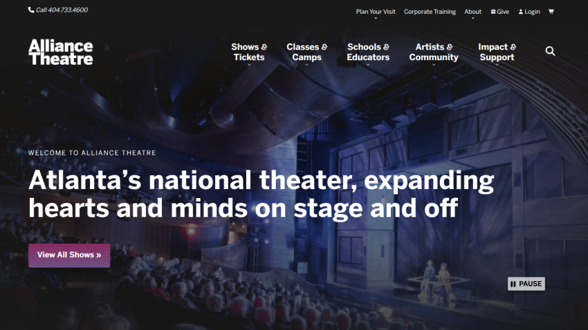 Alliance Theatre homepage with navigation and headline about Atlanta's national theater expanding hearts and minds on stage and off