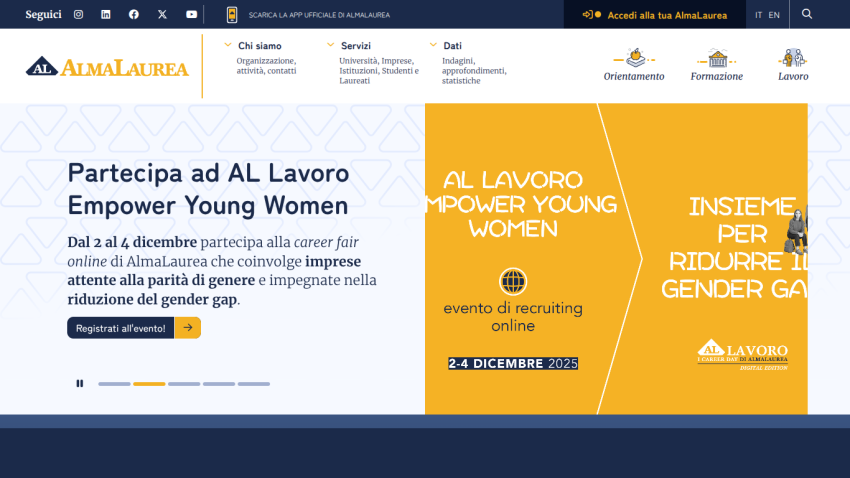 AlmaLaurea website promoting AL Lavoro Empower Young Women event from December 2 to 4 with event details and registration info