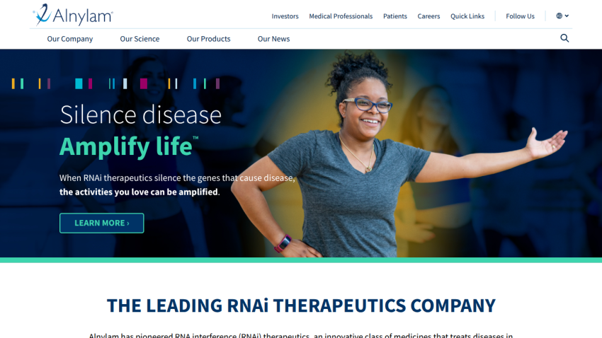 Homepage of RNAi therapeutics company featuring smiling woman and slogan 'Silence disease Amplify life'