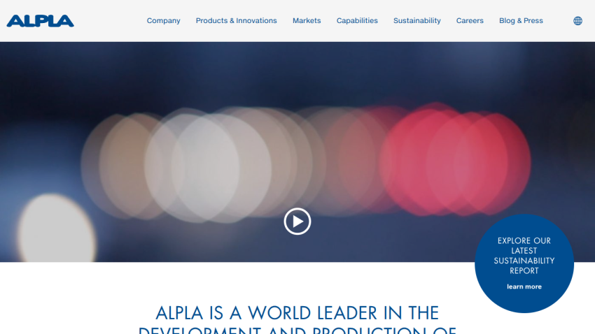 ALPLA homepage showcasing their leadership in sustainable packaging with a video play button.