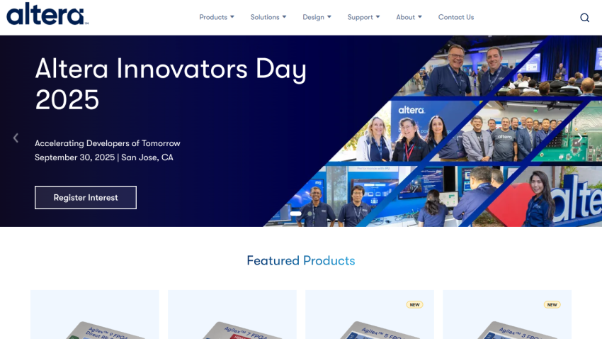 Altera Innovators Day 2025 event announcement with registration button and featured products.