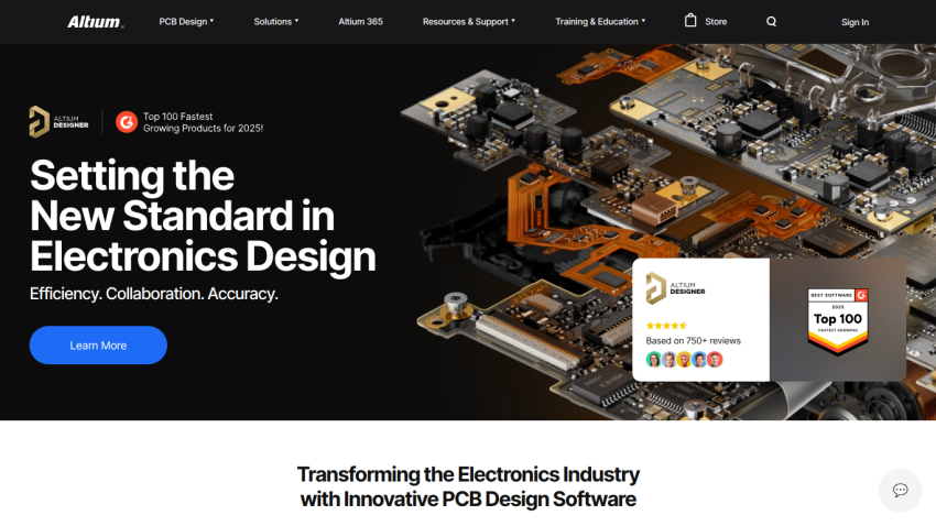 Homepage showcasing electronics design software with key features and a call to action.