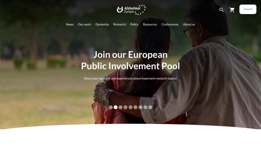 Alzheimer Europe website inviting to join the European Public Involvement Pool with navigation and donate button