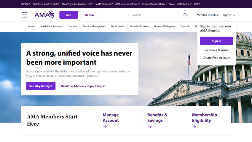 Homepage of AMA featuring a strong message about unity and membership options.