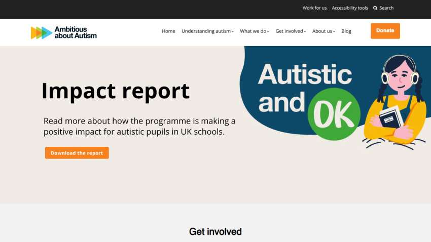Impact report on positive effects for autistic pupils in UK schools with download button and navigation menu