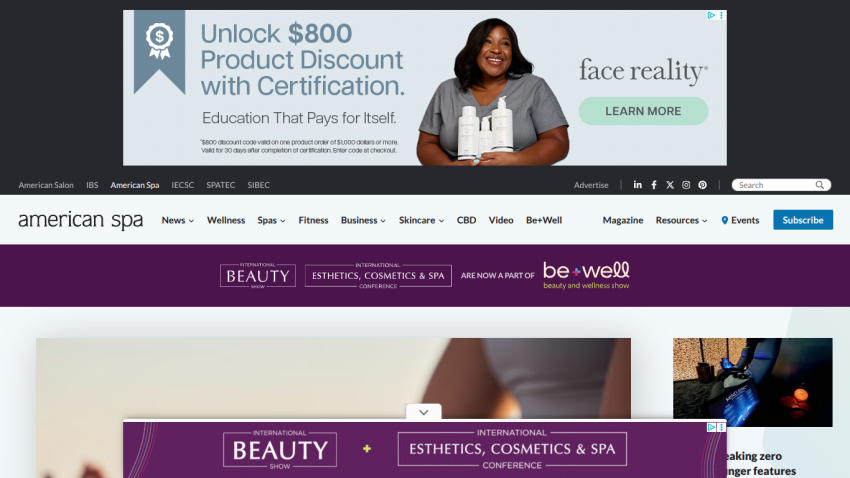 American Spa website with navigation menu, beauty show banner, and wellness-related hero image