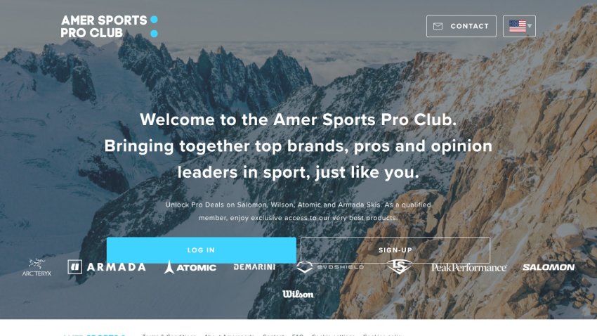 Amer Sports Pro Club welcome page with login and sign-up options, featuring top sports brands and mountain background
