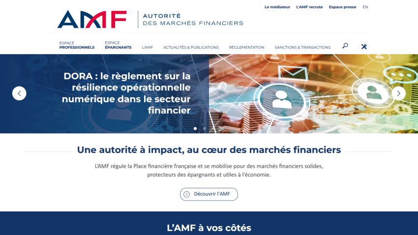 Homepage of AMF with a headline about financial market regulations and a call to action button.
