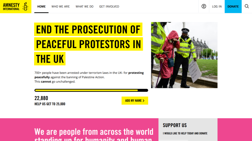 Campaign banner urging support for peaceful protestors in the UK with a donation button.