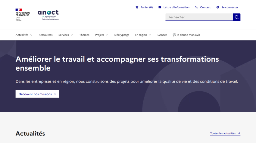 Homepage of ANACT with a focus on improving work conditions and transformations.