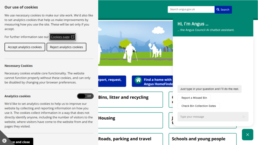 Website header with navigation links and a search bar, featuring sections on bins, litter, recycling, housing, roads, parking, travel, schools, and young people.