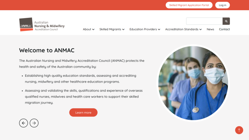 Homepage of Australian Nursing and Midwifery Accreditation Council with welcome message and masked healthcare workers image