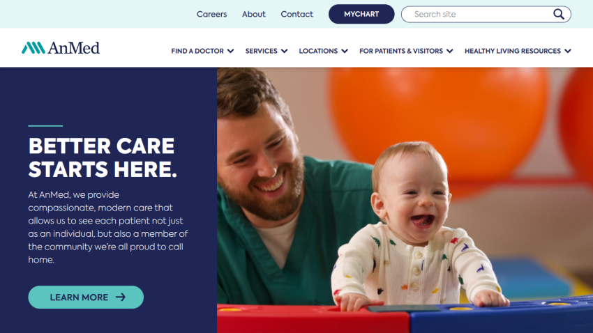 AnMed healthcare homepage with navigation, slogan 'Better Care Starts Here', and smiling man with baby in therapy setting