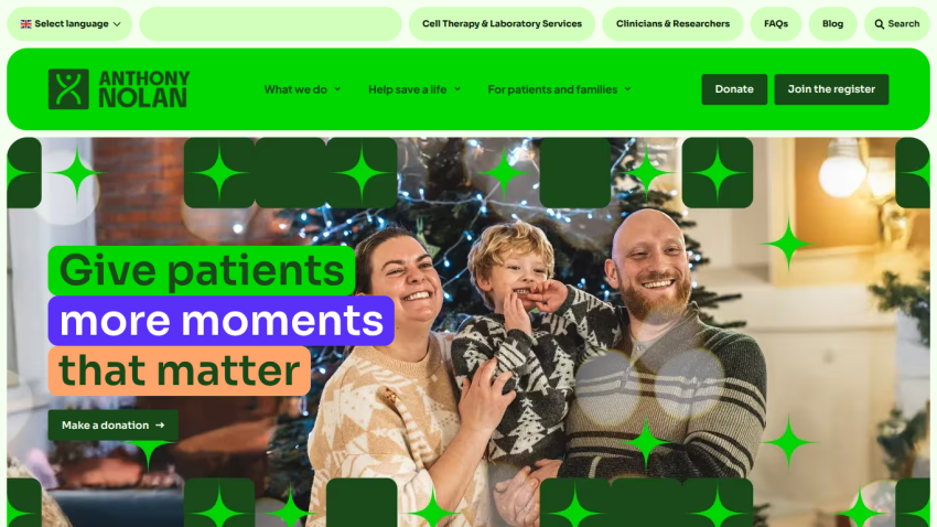 Anthony Nolan homepage with navigation and a family photo promoting donations to give patients more moments that matter.