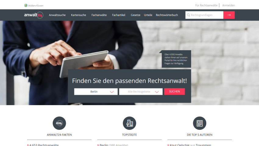 Legal portal offering search for suitable lawyers by city and legal area with over 4,000 lawyers available