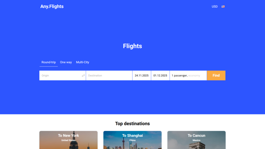 Flight search form on Any.Flights with options for round-trip, one way, multi-city, and input fields for origin, destination, dates, and passengers.