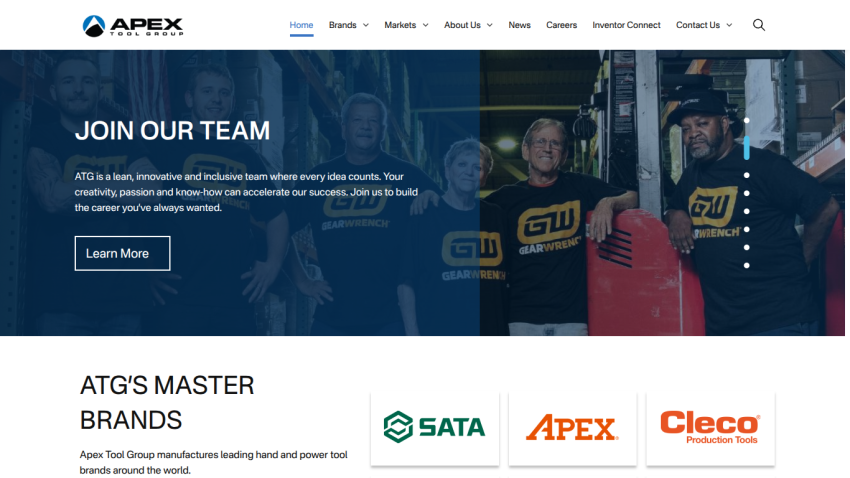 Apex Tool Group careers page inviting to join the team with a group photo and brand logos below