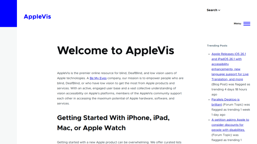 AppleVis homepage welcoming users with navigation, search, and trending posts list