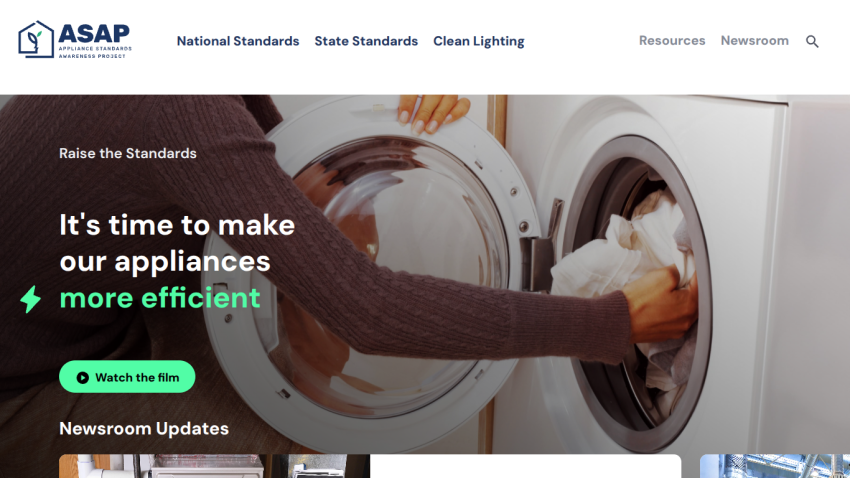 ASAP website promoting more efficient appliances with navigation and a call to watch the film