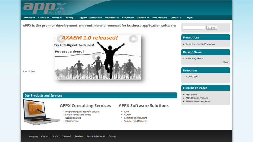 APPX Software homepage with navigation, AXAEM 1.0 release announcement, consulting services, and software solutions