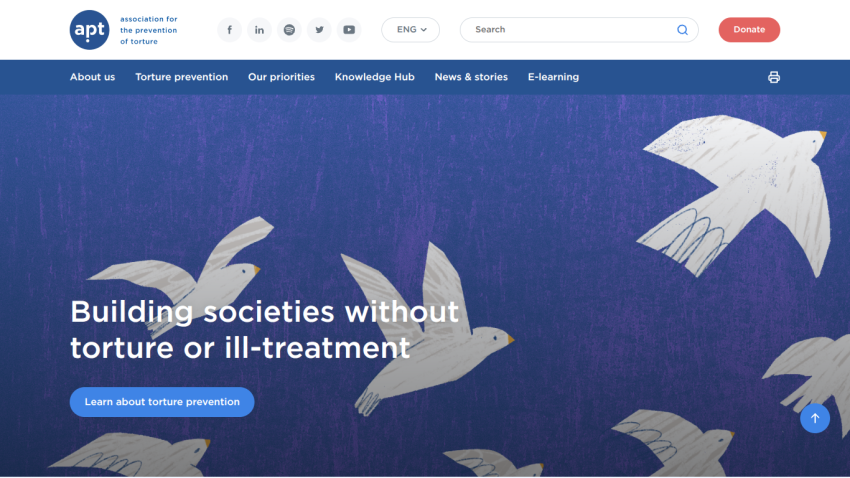 Homepage of Association for the Prevention of Torture with navigation menu and call to action to learn about torture prevention