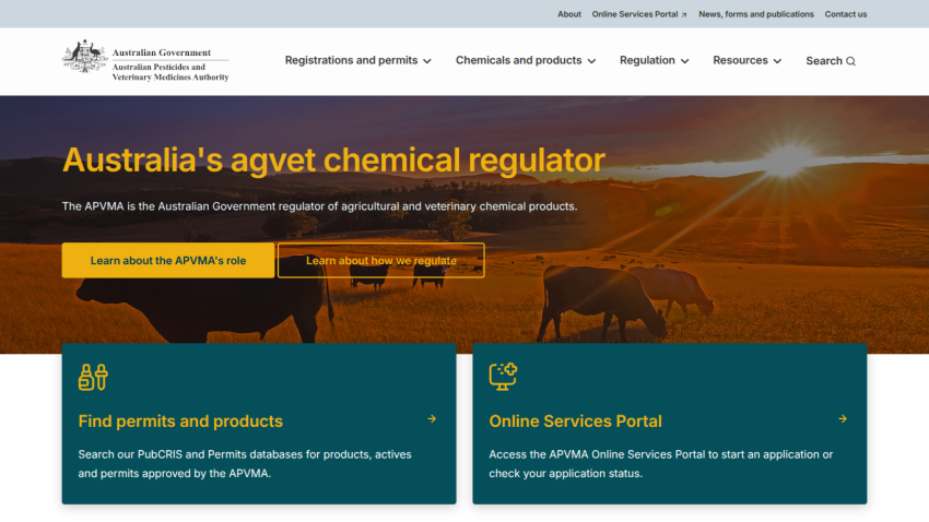 Australian Government APVMA homepage with navigation and hero section about chemical regulation