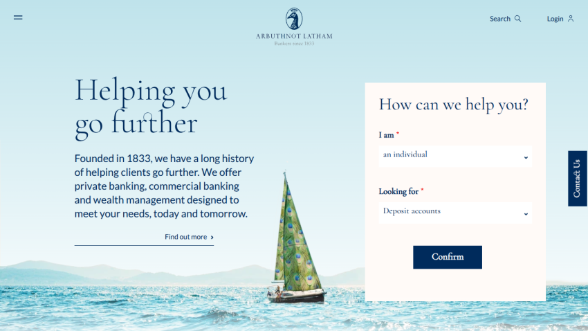 Banking website with headline 'Helping you go further', description of services, and a form to select client type and service