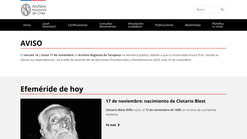 Archivo Nacional de Chile website showing a notice about Archivo Regional de Tarapacá closure and today's historical event about Clotario Blest's birth
