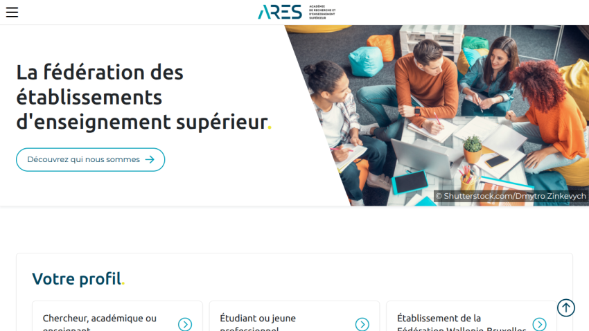 Homepage of ARES federation for higher education institutions with a group of students studying and a call to discover who they are