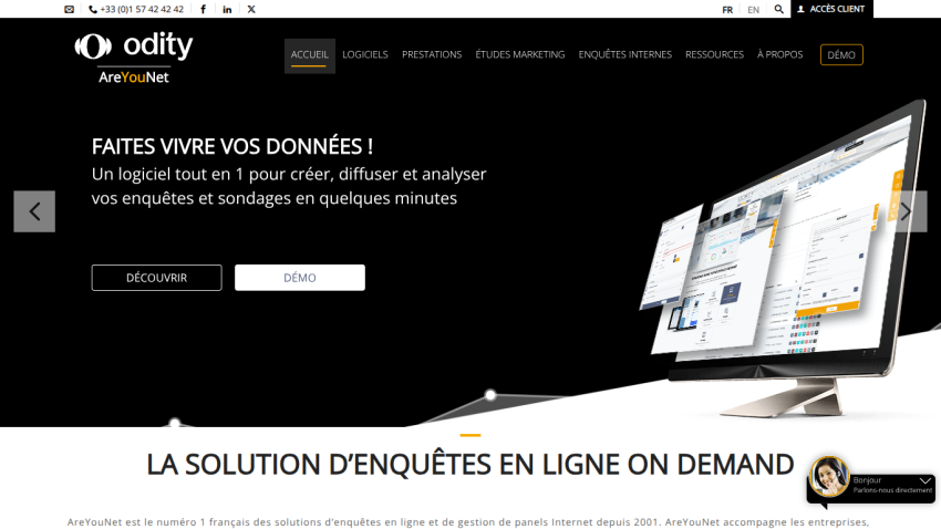 Oditiy AreYouNet software homepage with headline about data surveys, call-to-action buttons, and a computer screen showing software interface