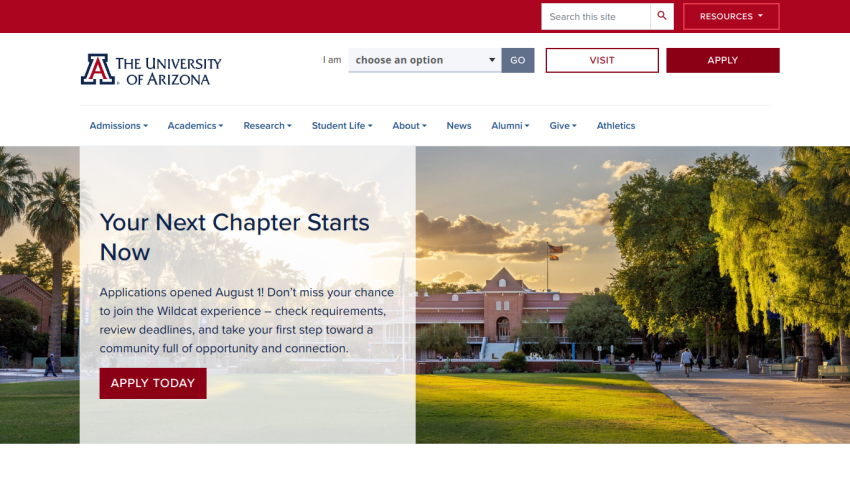 University of Arizona homepage promoting applications with a scenic background.
