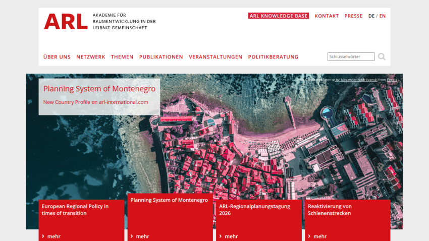 Website header and navigation for ARL with a hero aerial image of Montenegro and links to regional policy and planning topics