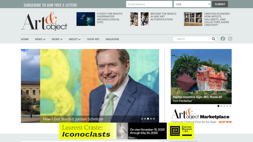Art & Object website with navigation, featured articles, and a hero image of Jordan Schnitzer with headline