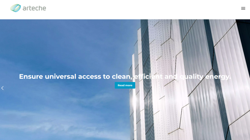 Corporate website hero with a modern building and text about universal access to clean, efficient, and quality energy.